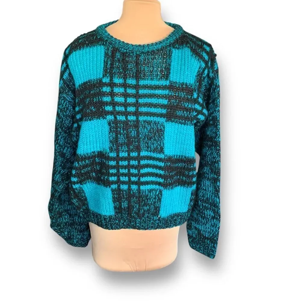 Vintage Street Scene Teal Black Checkered Plaid Loose Knit Pullover Sweater‎